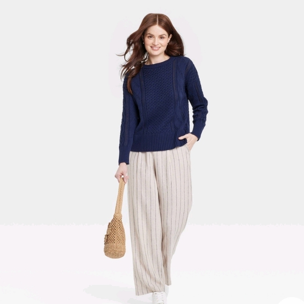 Women's Cable Crewneck Pullover Sweater - A New Day Navy L - Picture 3 of 14